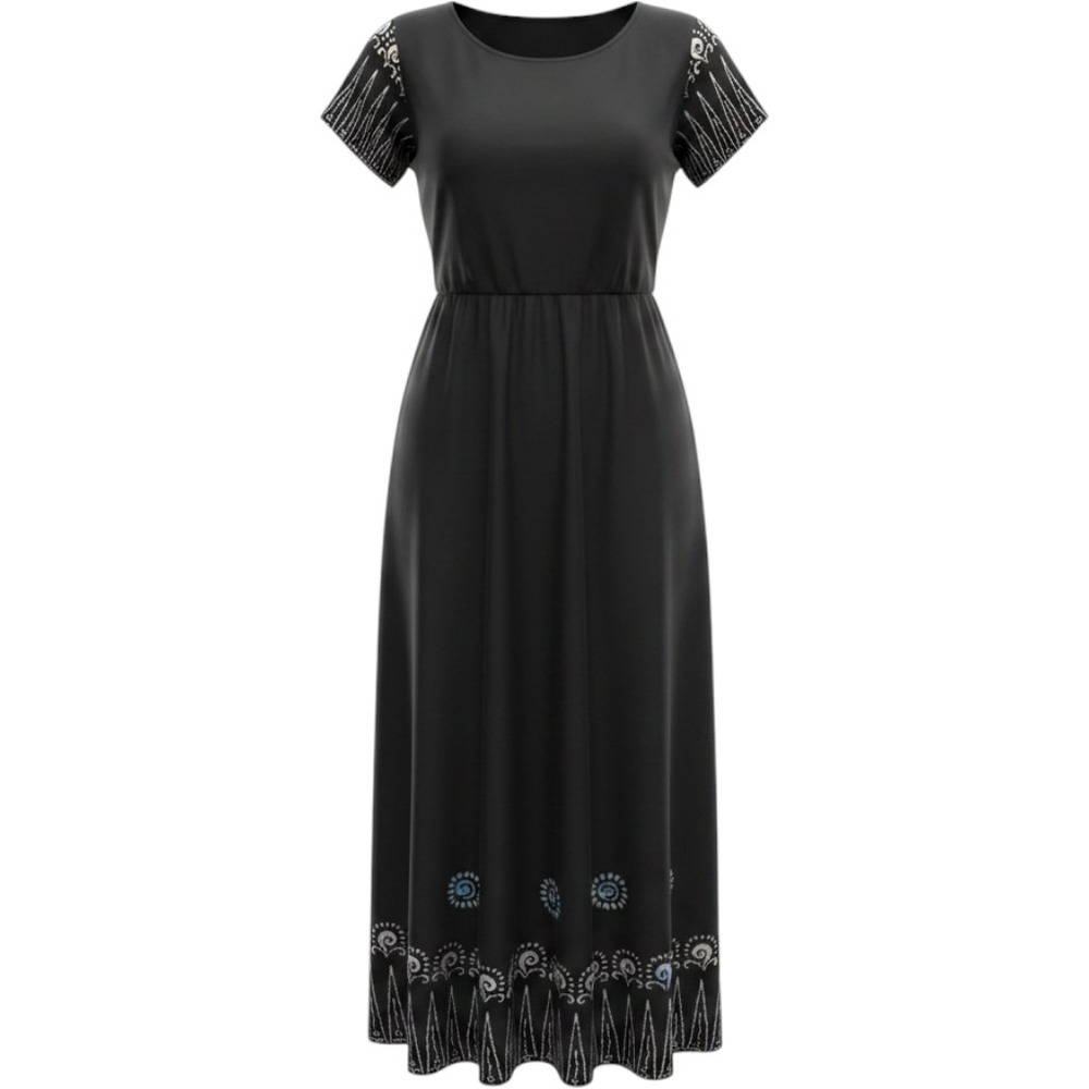 Global Village Black Batik Print Maxi Dress Short Sleeve‎ Boho Pockets Small